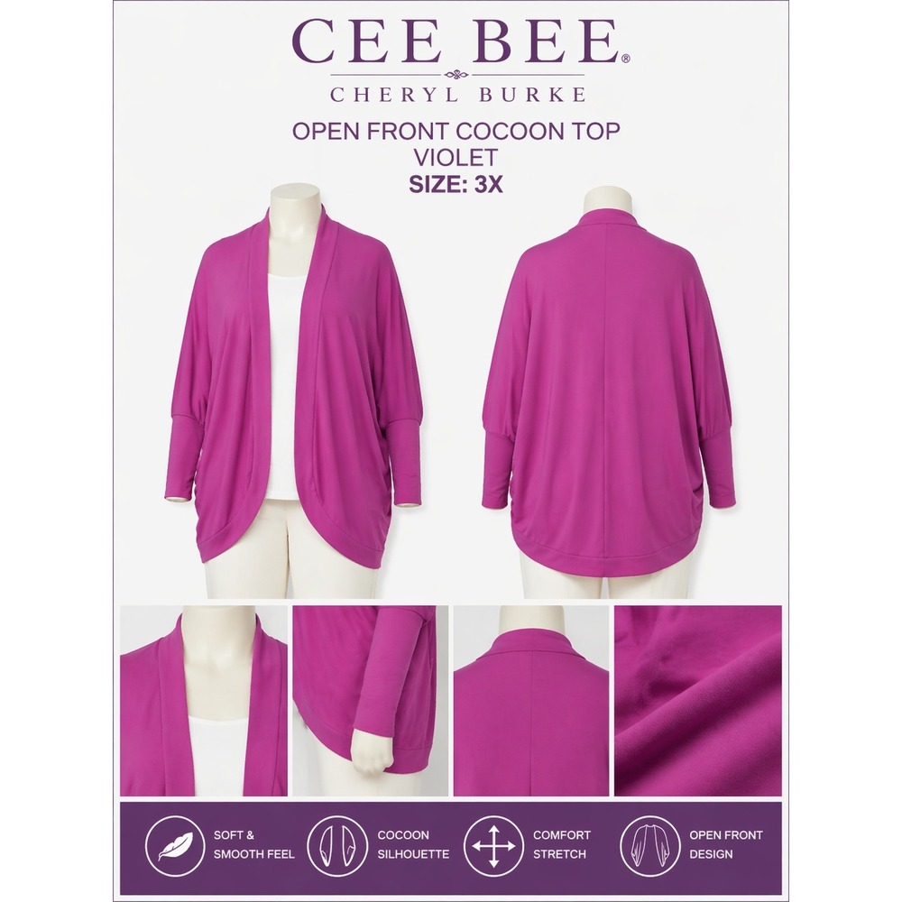 Cee Bee Cheryl Burke Womens 3X Open Front Cocoon Top‎ Violet Fuchsia NWT A261554